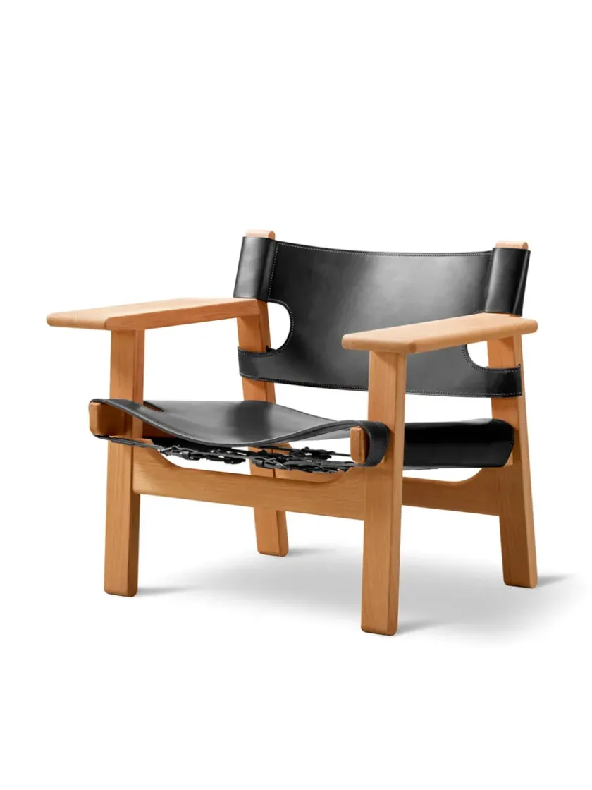 Fredericia Furniture Den Spanske Stol i sort læder, eg sort lak af Børge Mogensen> Lænestole