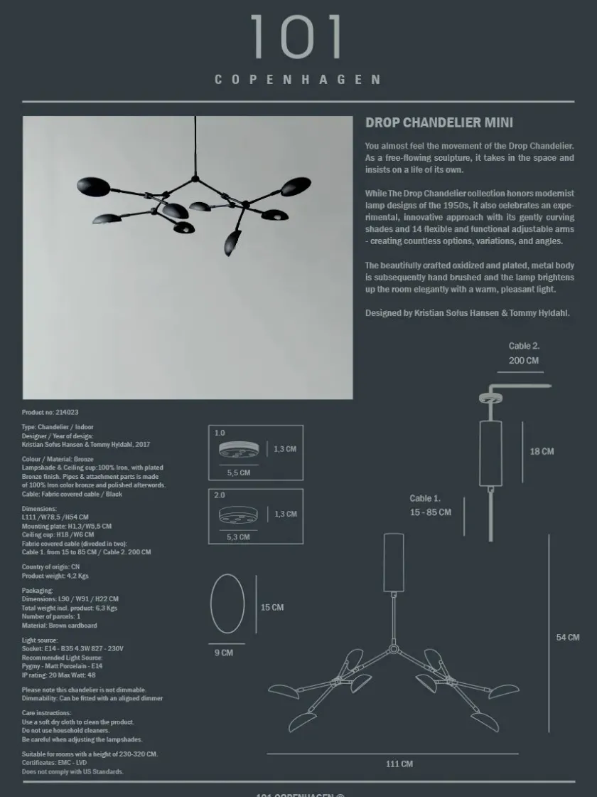 101 Copenhagen Drop Chandelier, mini bronze fra> Spots|Lysekroner