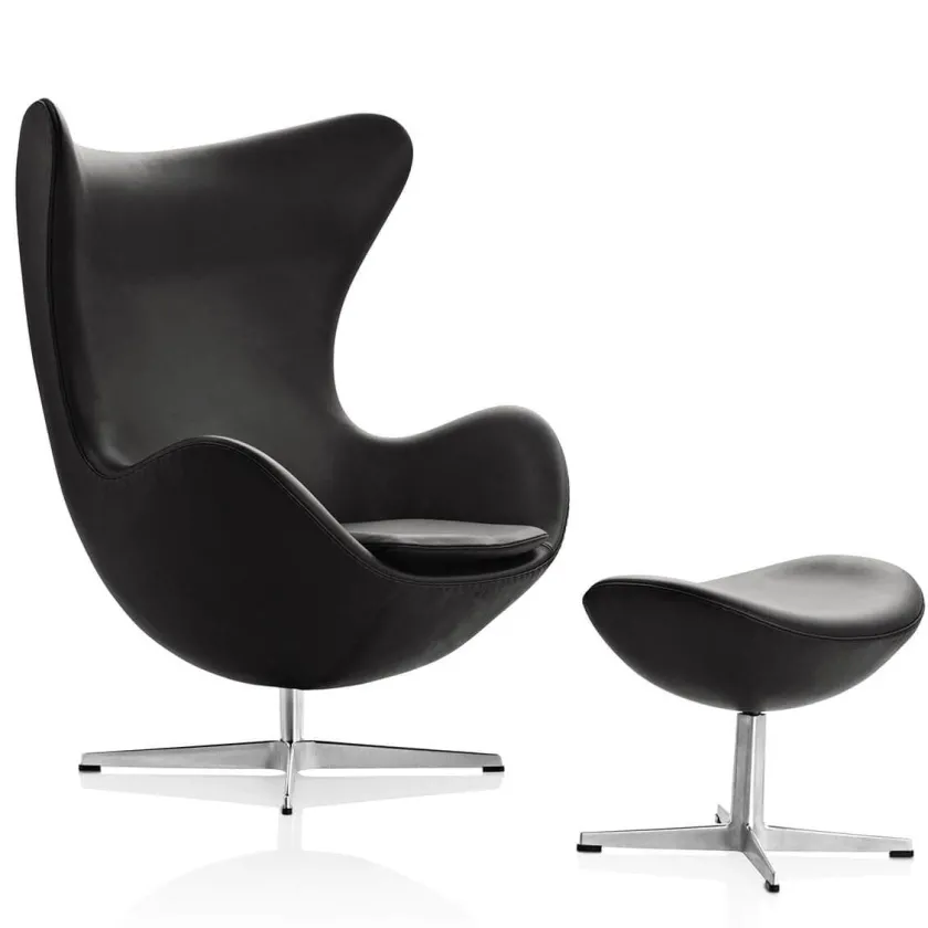 Fritz Hansen Ægget, Cognac Aura læder, uden returdrej inkl. skammel af Arne Jacobsen> Lænestole