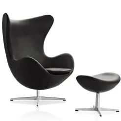 Fritz Hansen Ægget, Sort Aura læder, uden returdrej inkl. skammel af Arne Jacobsen> Lænestole