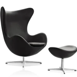 Fritz Hansen Ægget, Sort Grace læder, med returdrej inkl. skammel af Arne Jacobsen><noscript><img width=
