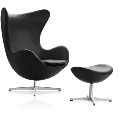 Fritz Hansen Ægget, Valnød Grace læder, uden returdrej inkl. skammel af Arne Jacobsen> Lænestole